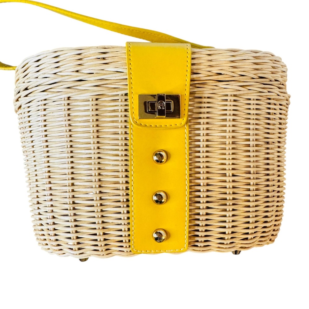 Etienne Aigner Wicker Basket Rattan Bag Floral Lining Turn Lock Satchel Purse - Picture 5 of 14